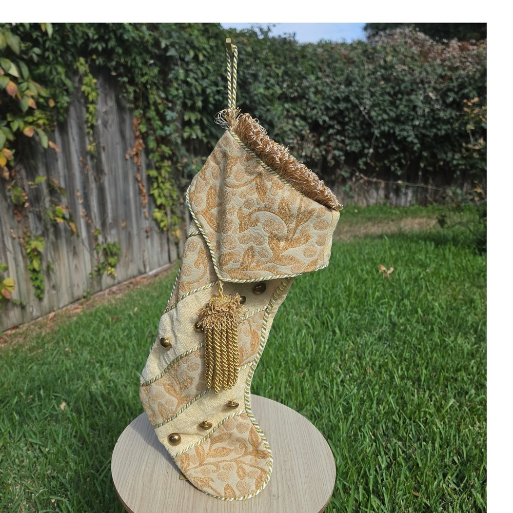 Vintage Style Gold Brocade Christmas Stocking Tassel Trim Damask Holiday Decor